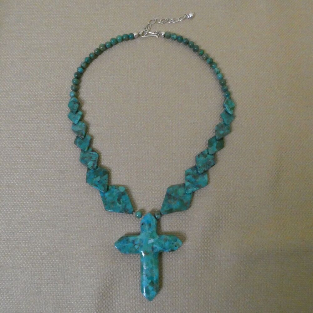 Jay King Chunky Turquoise Cross Necklace w/Sterling Silver Clasp Signed DX